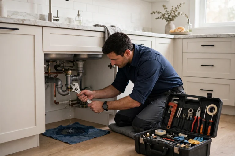 Plumber repairing a leaking pipe under a kitchen sink