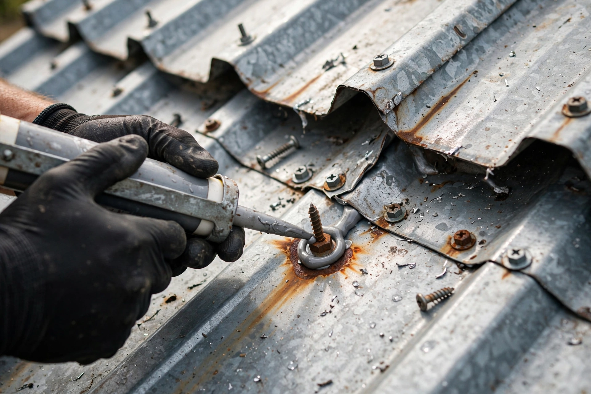Roofer sealing a rusted fastener and flashing, the main driver of metal roof repair cost
