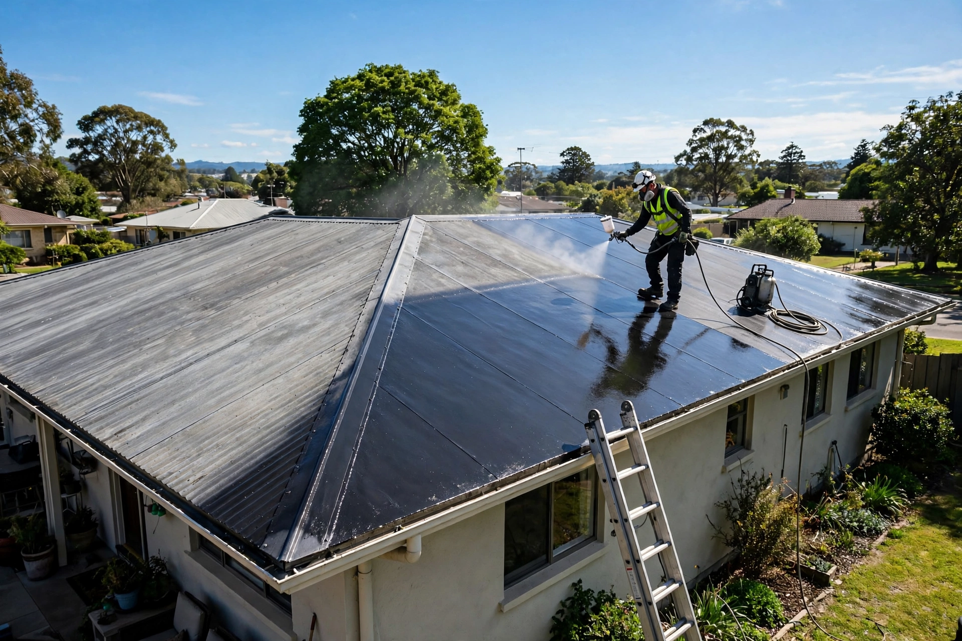 Worker spraying a fresh protective coating onto a metal roof