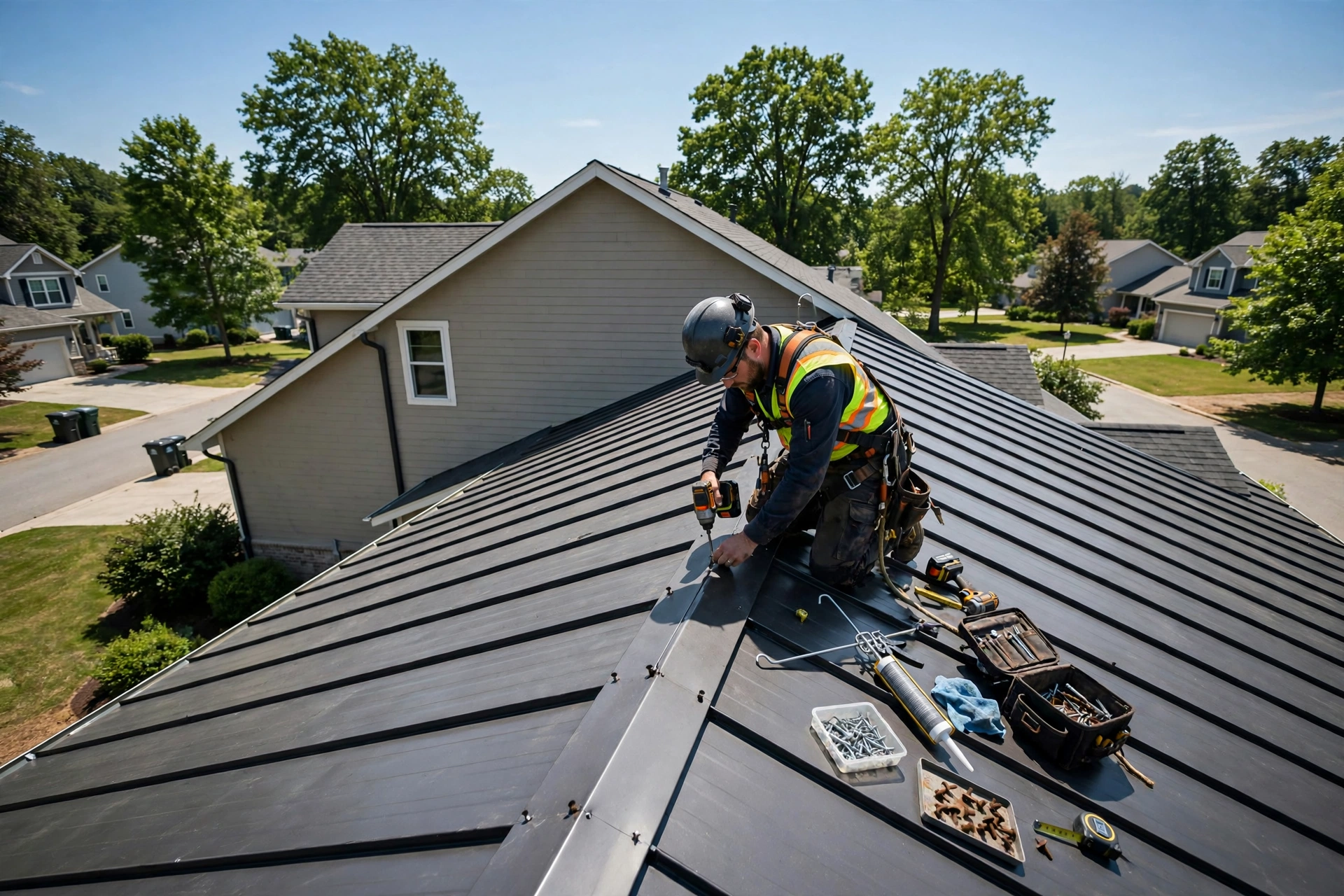 Roofer repairing fasteners on a standing seam metal roof