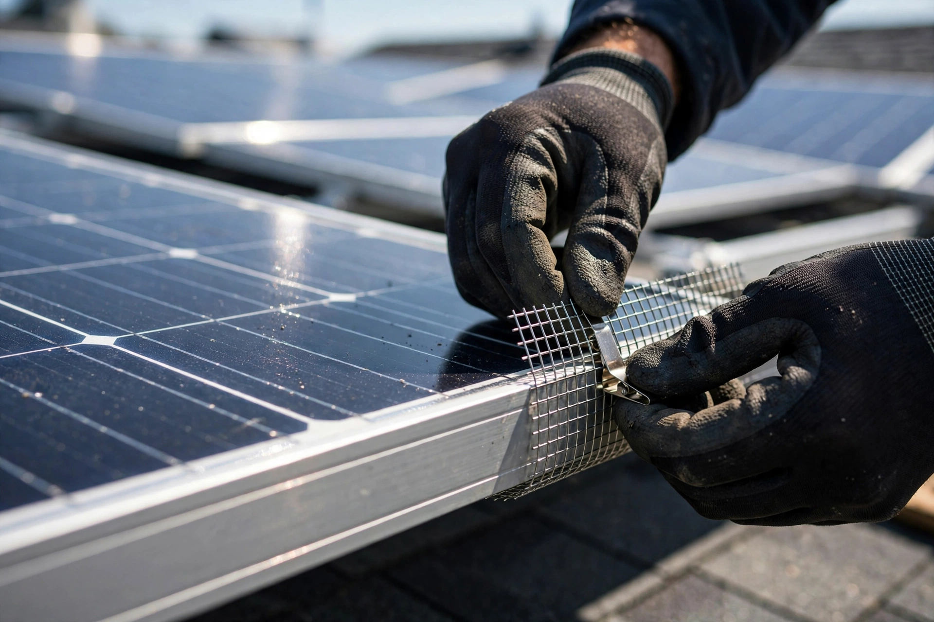 Installing critter guard mesh to protect a solar panel array as part of solar panel maintenance cost planning