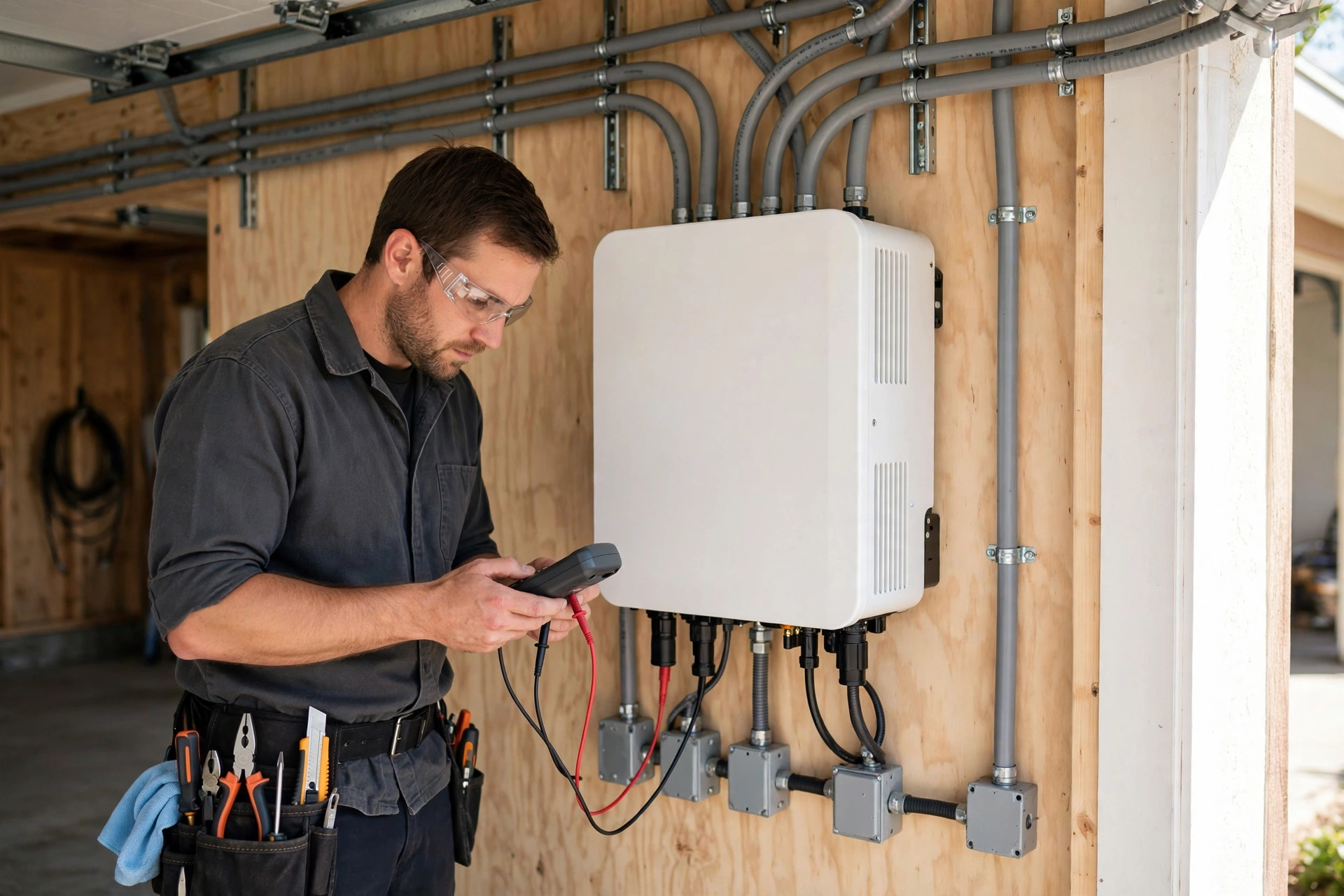 Technician testing a solar inverter during a home solar inspection