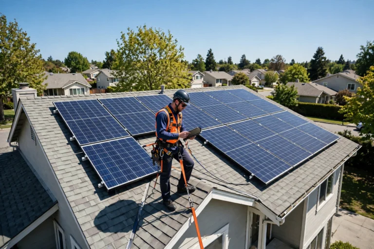 Solar technician inspecting rooftop solar panels on a suburban home