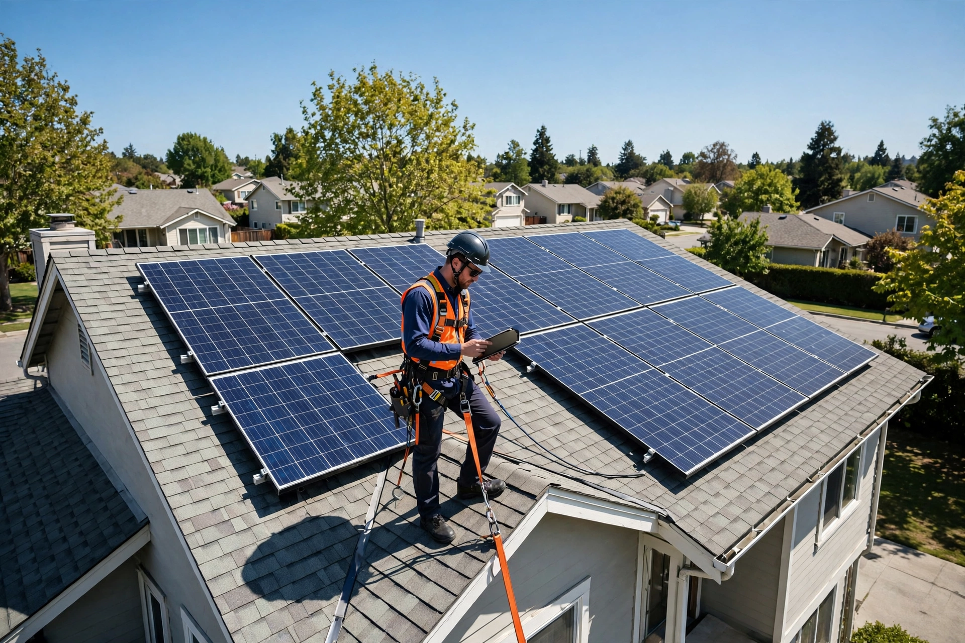 Solar technician inspecting rooftop solar panels on a suburban home