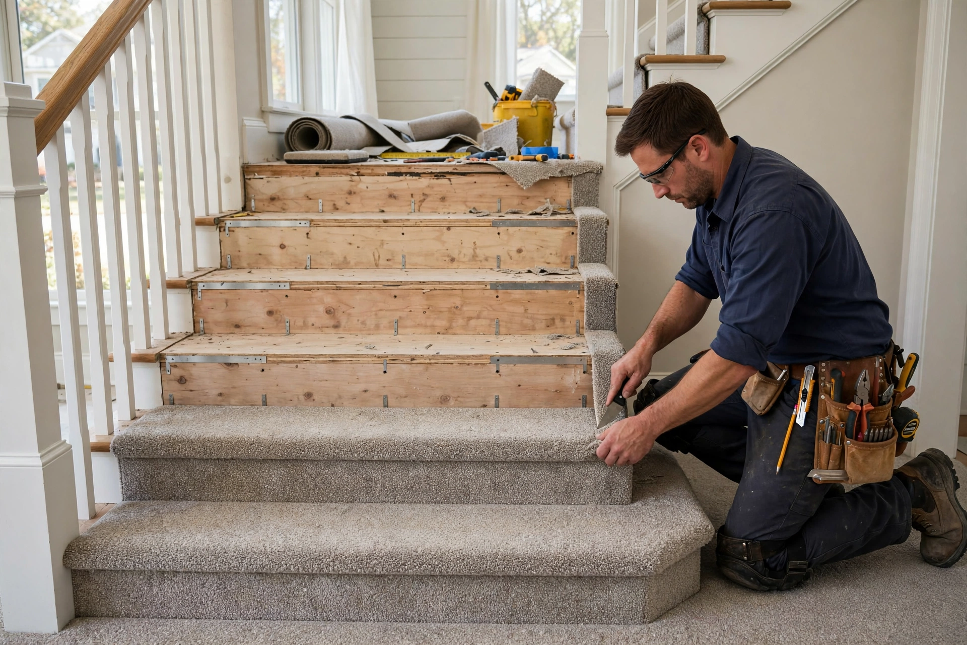 Installer trimming carpet along a staircase