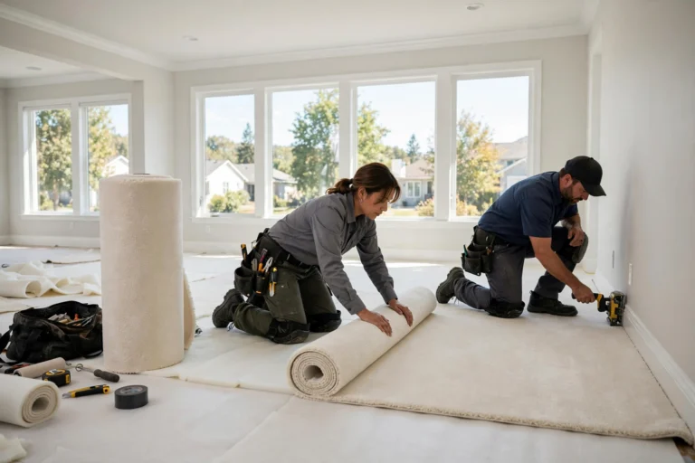 Installers laying new carpet in a bright living room