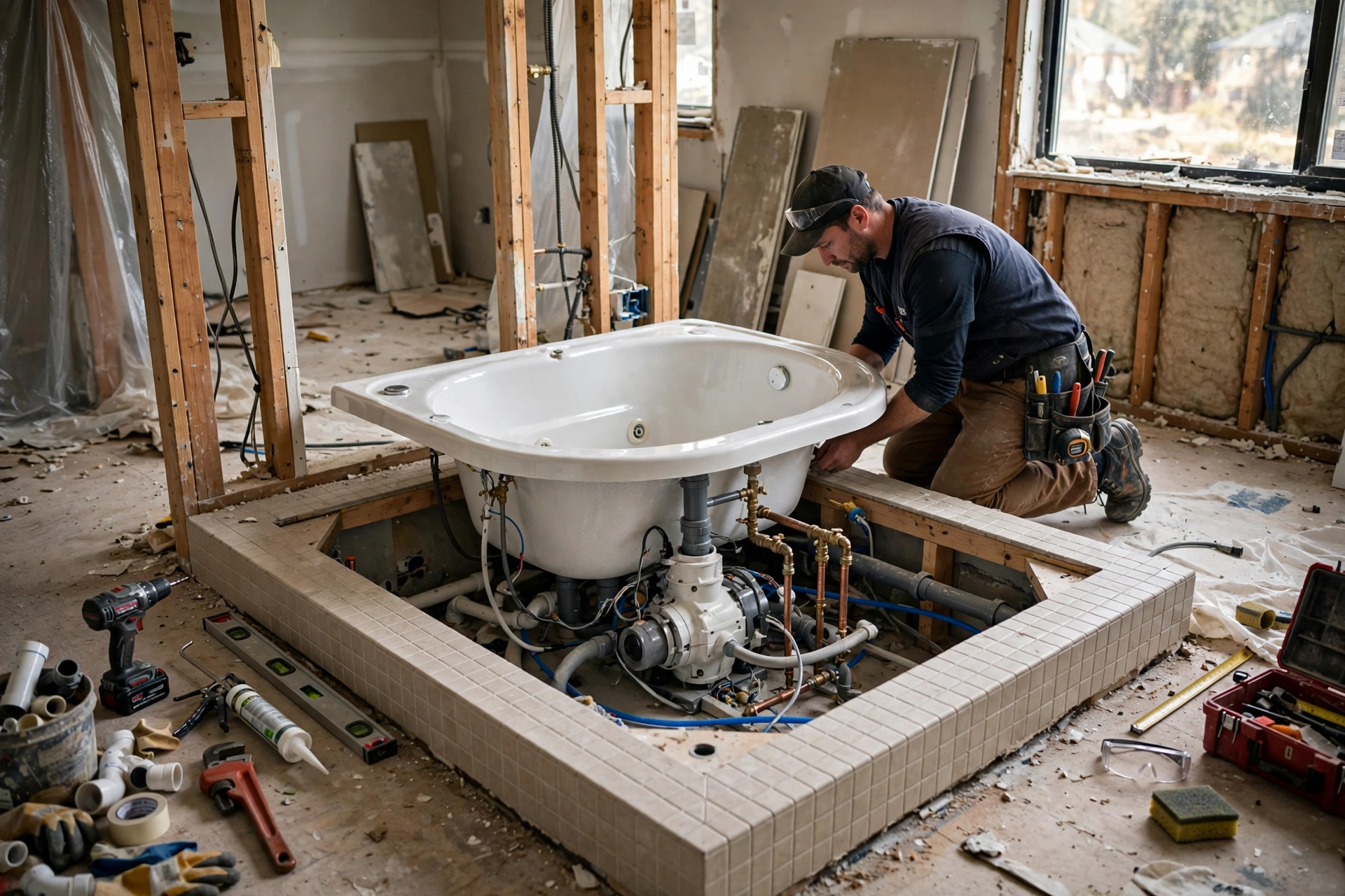 Contractor installing a whirlpool tub, the core of jacuzzi bath remodel cost estimates