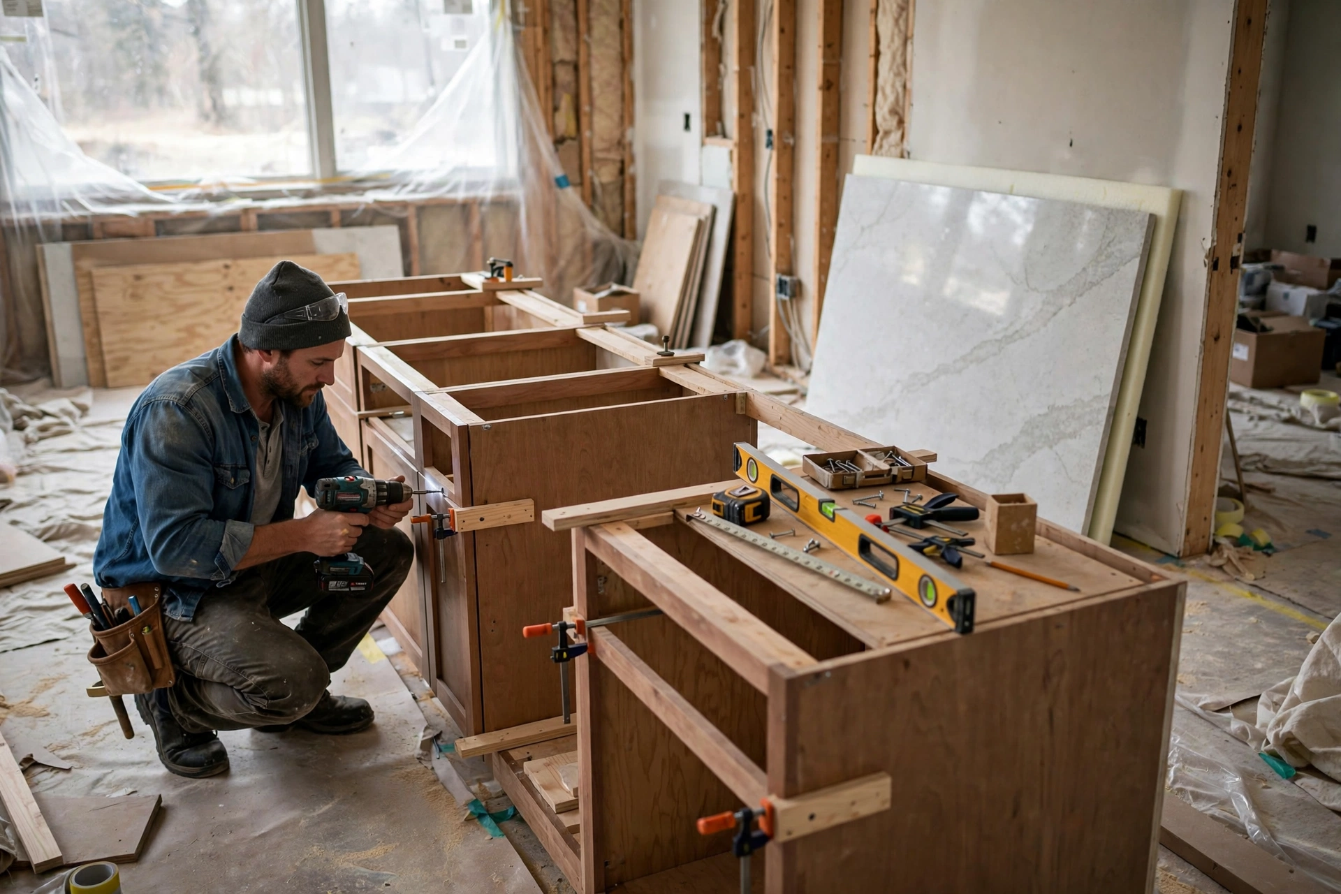 Carpenter building island base cabinets, a major part of kitchen island cost