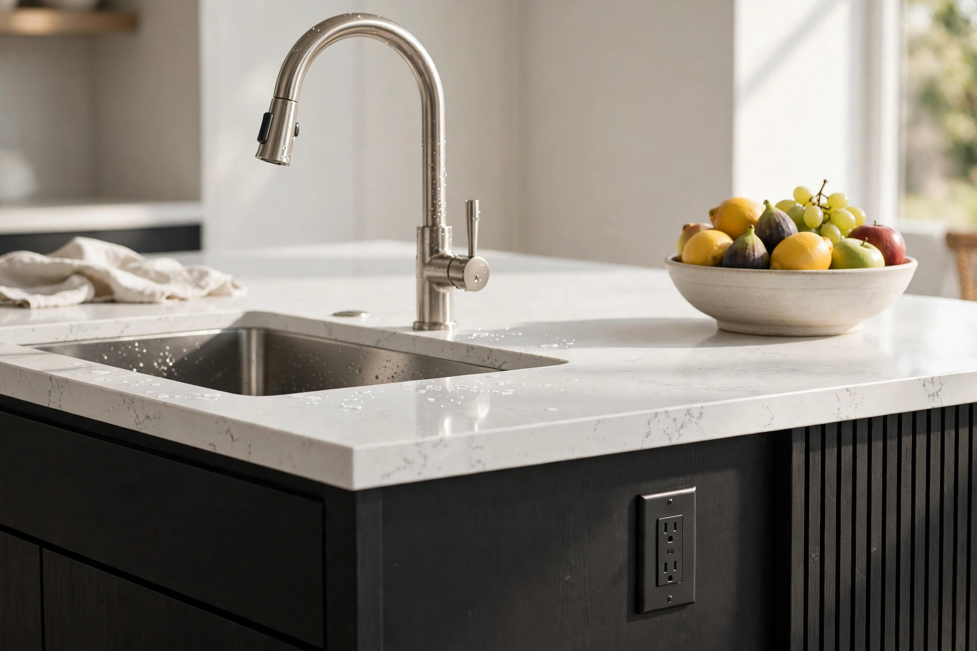 Kitchen island sink with an electrical outlet on the side panel
