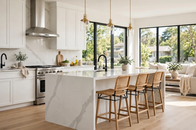 Modern kitchen with a large island and quartz waterfall countertop