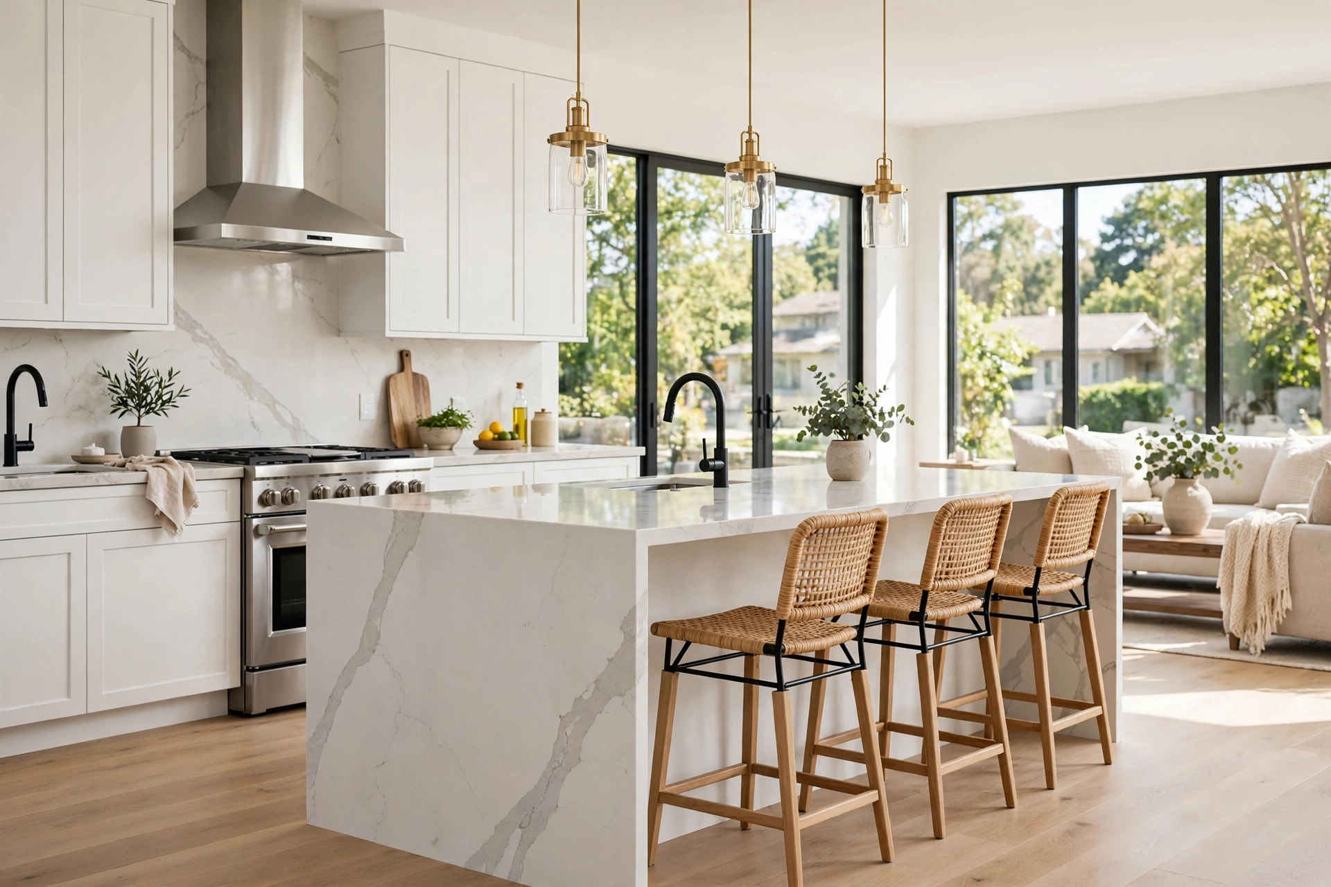 Modern kitchen with a large island and quartz waterfall countertop