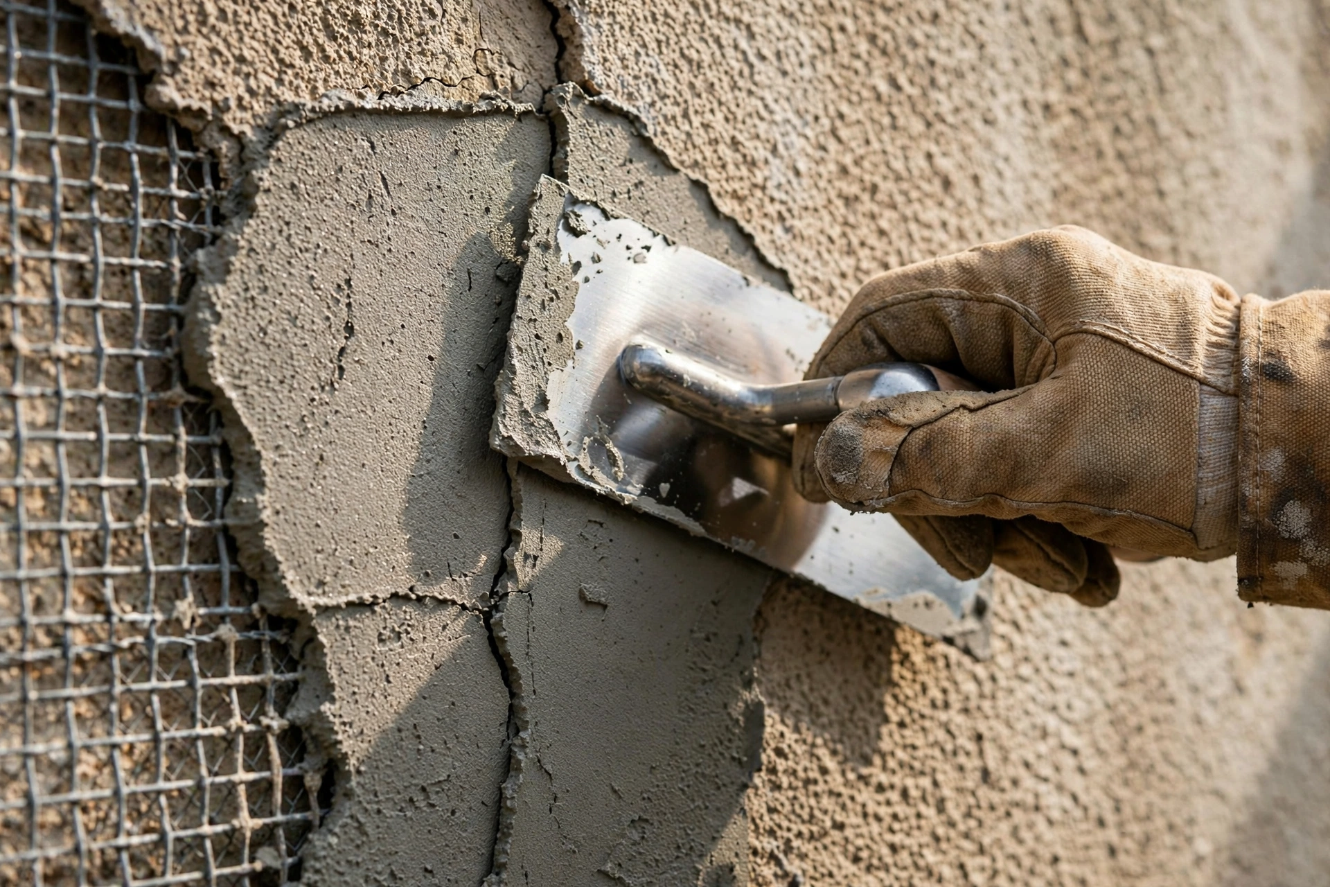 Trowel smoothing stucco over a repaired crack, showing stucco repair cost detail work