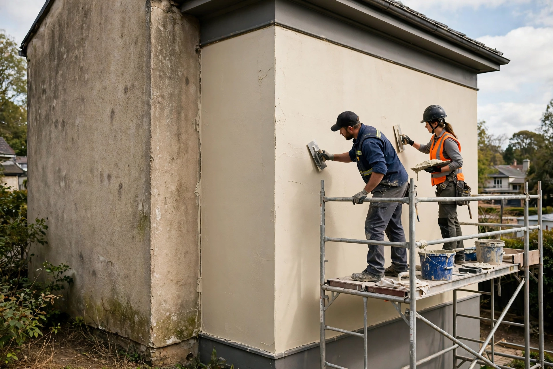 Workers applying a finish coat to a stucco wall from scaffolding