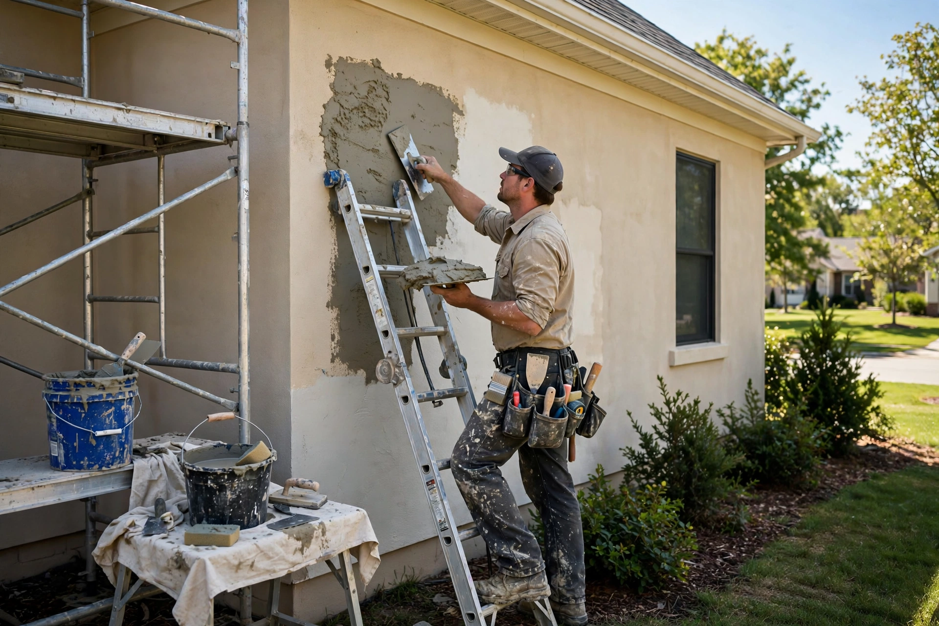 Stucco contractor patching an exterior wall on a ladder