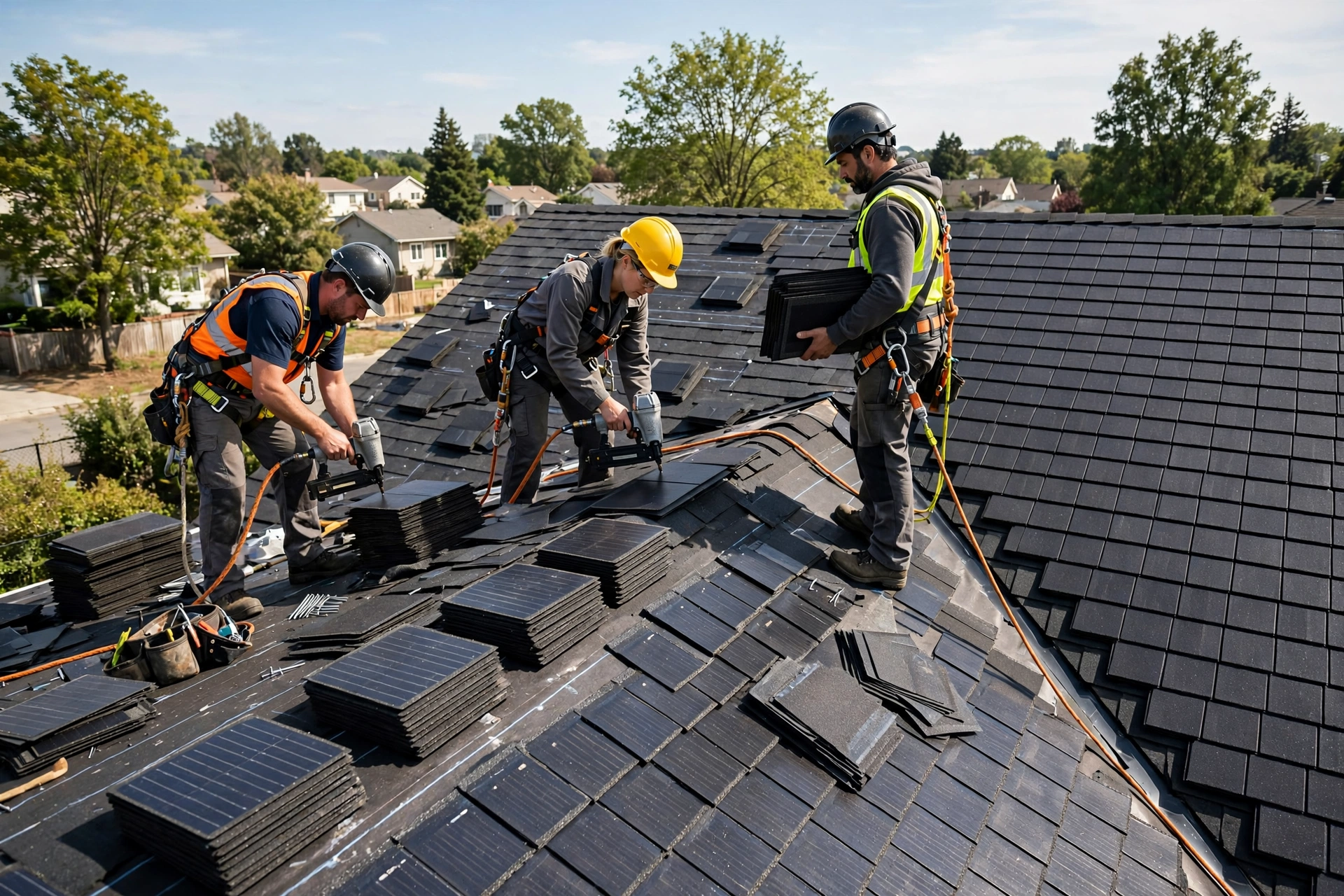 Roofers installing solar shingles during a solar shingles cost project