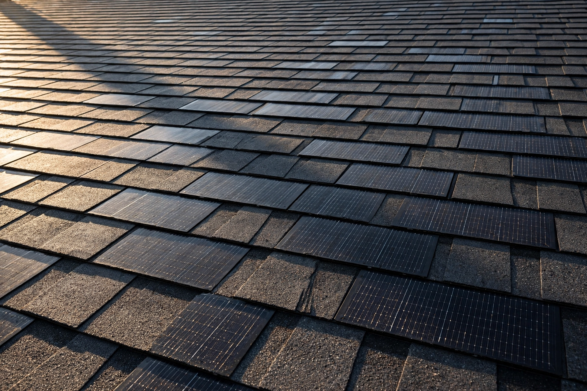 Close-up of solar shingles showing integrated photovoltaic cells