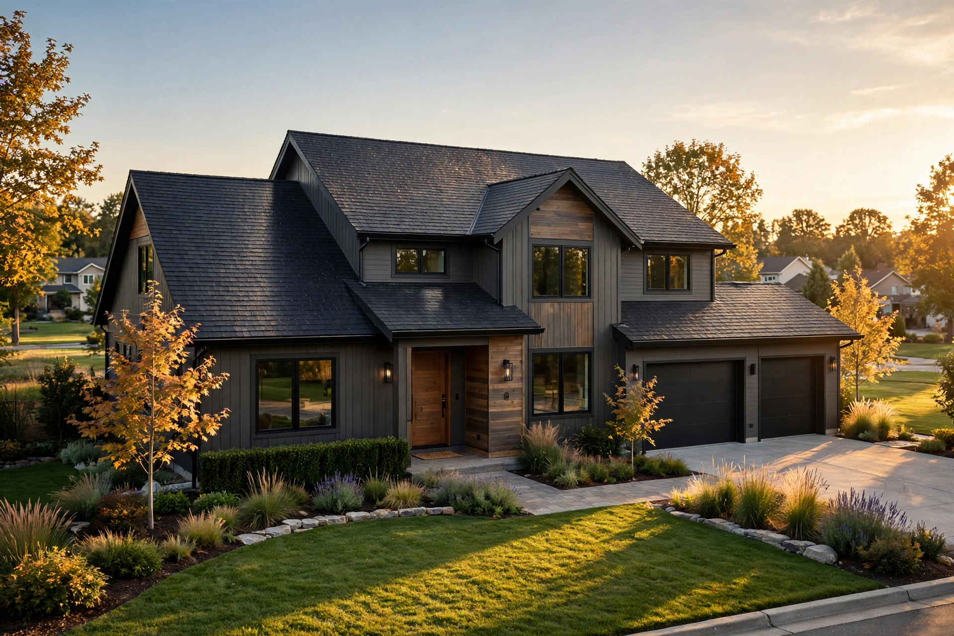 Suburban home with a solar shingle roof at golden hour