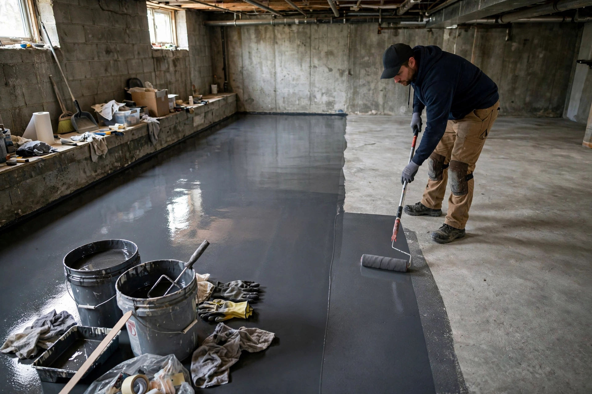 Worker applying epoxy coating while reviewing epoxy basement floor cost options
