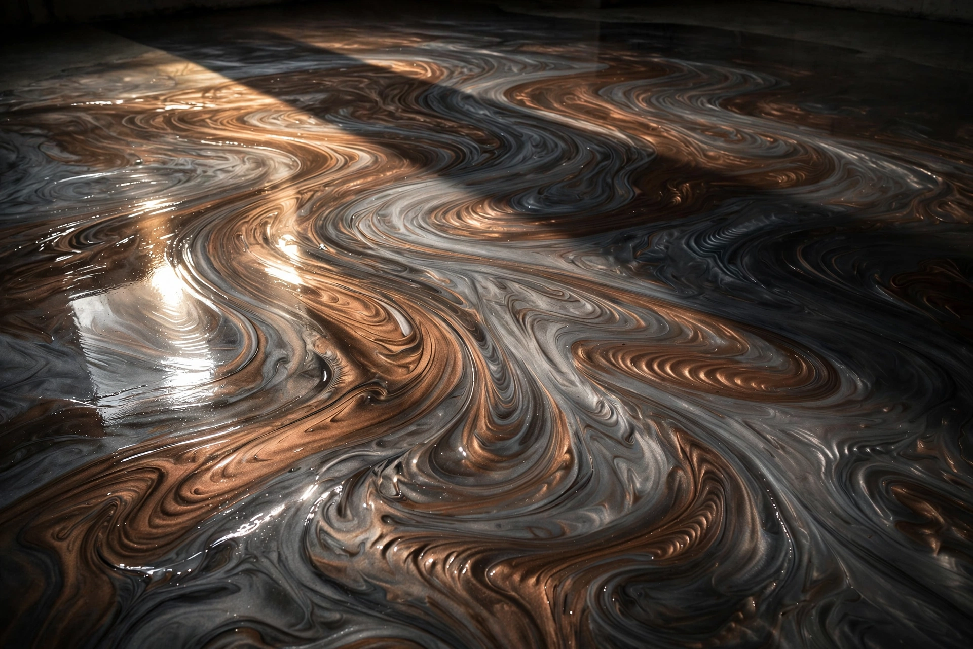 Metallic epoxy floor with a bronze and gray swirl pattern