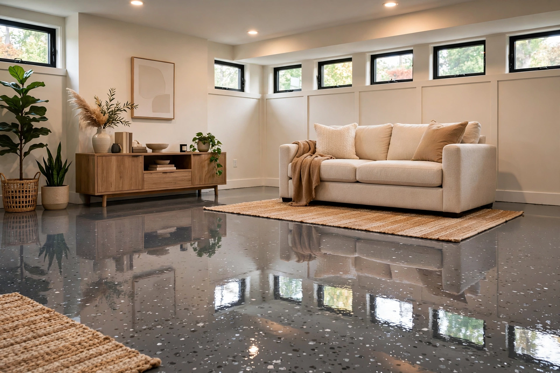 Finished basement with a glossy epoxy flake floor