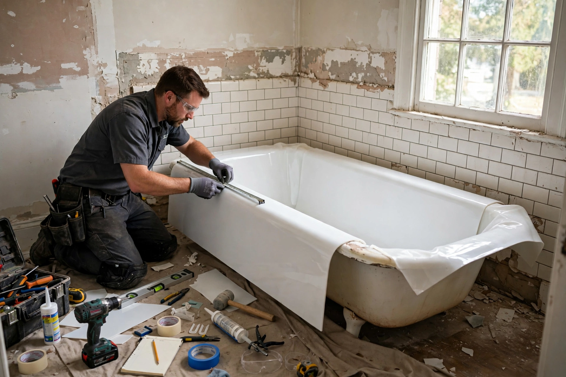 Installer fitting an acrylic tub liner while measuring bath fitter cost options