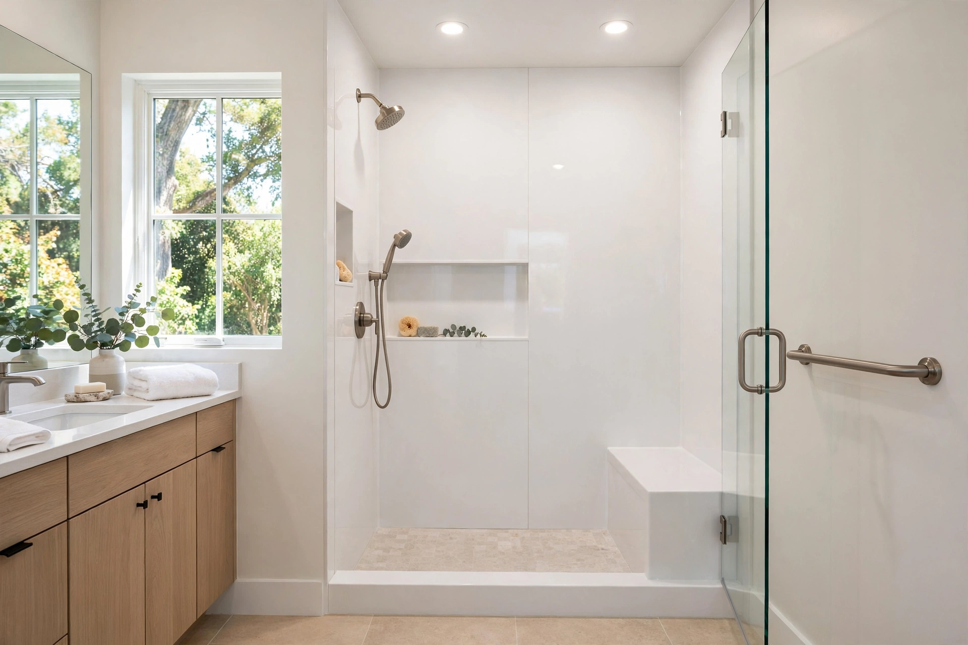 Tub to shower conversion with white acrylic walls and a bench seat