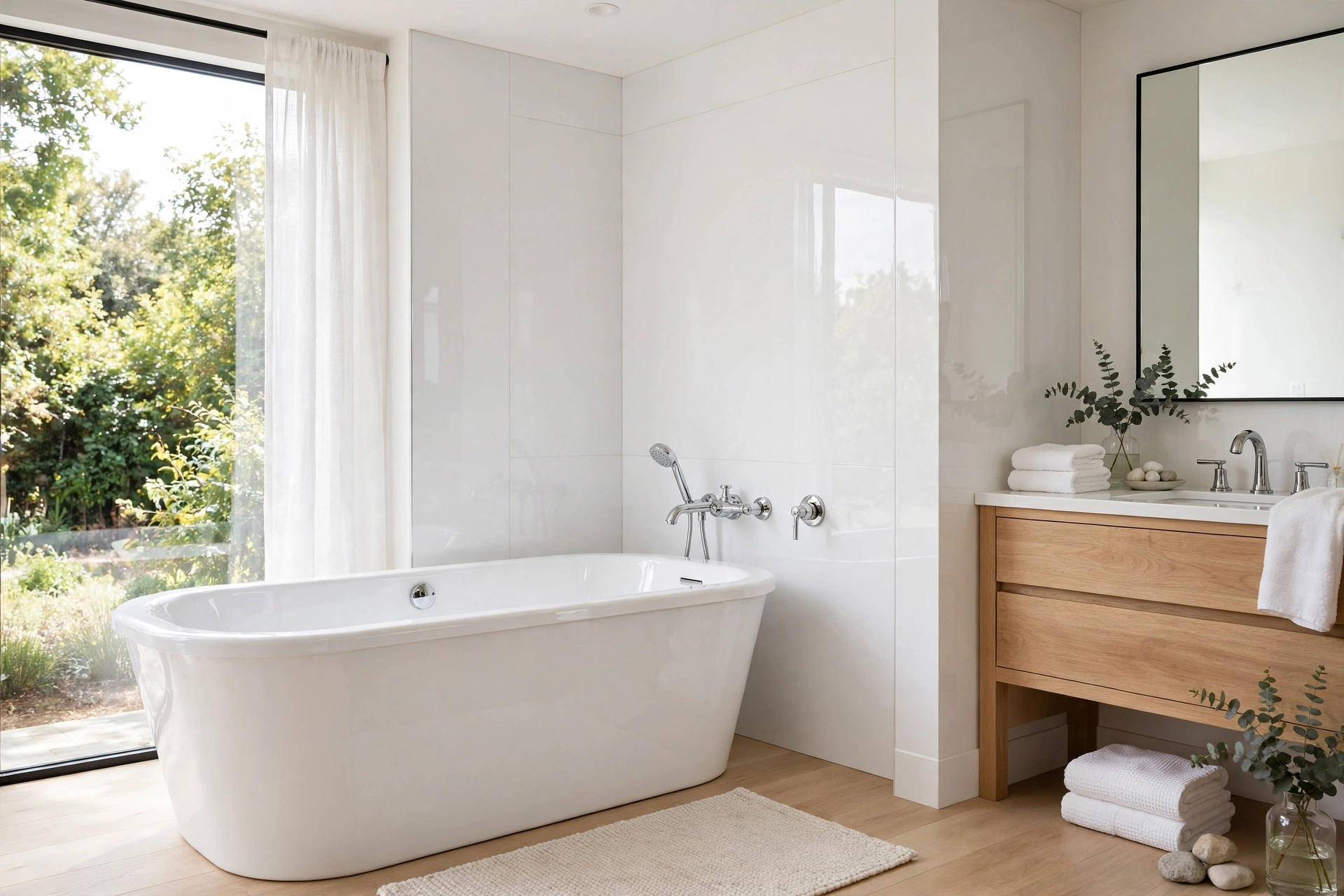 Renovated bathroom with a white acrylic tub and wall surround