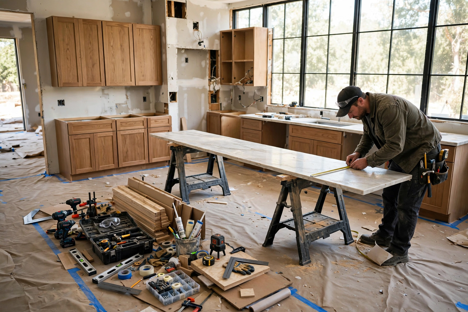 Contractor measuring cabinets during a kitchen remodel cost project