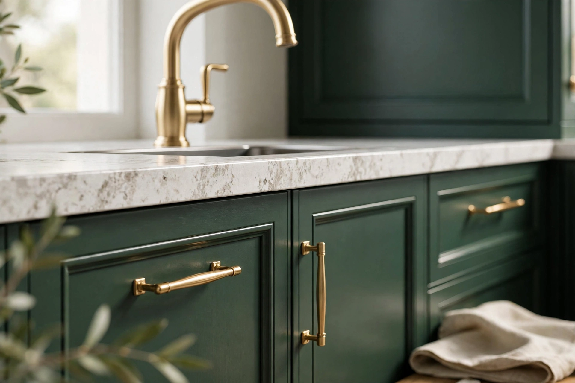 Quartz countertop and brass faucet detail on green cabinets