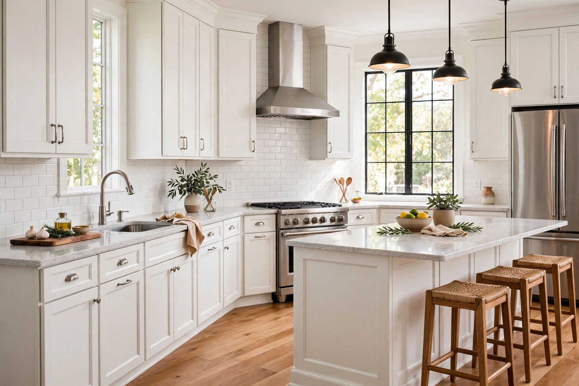 Remodeled kitchen with white shaker cabinets and quartz countertops