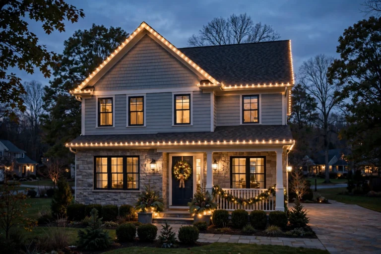 Home at dusk with a professional roofline of warm white Christmas lights