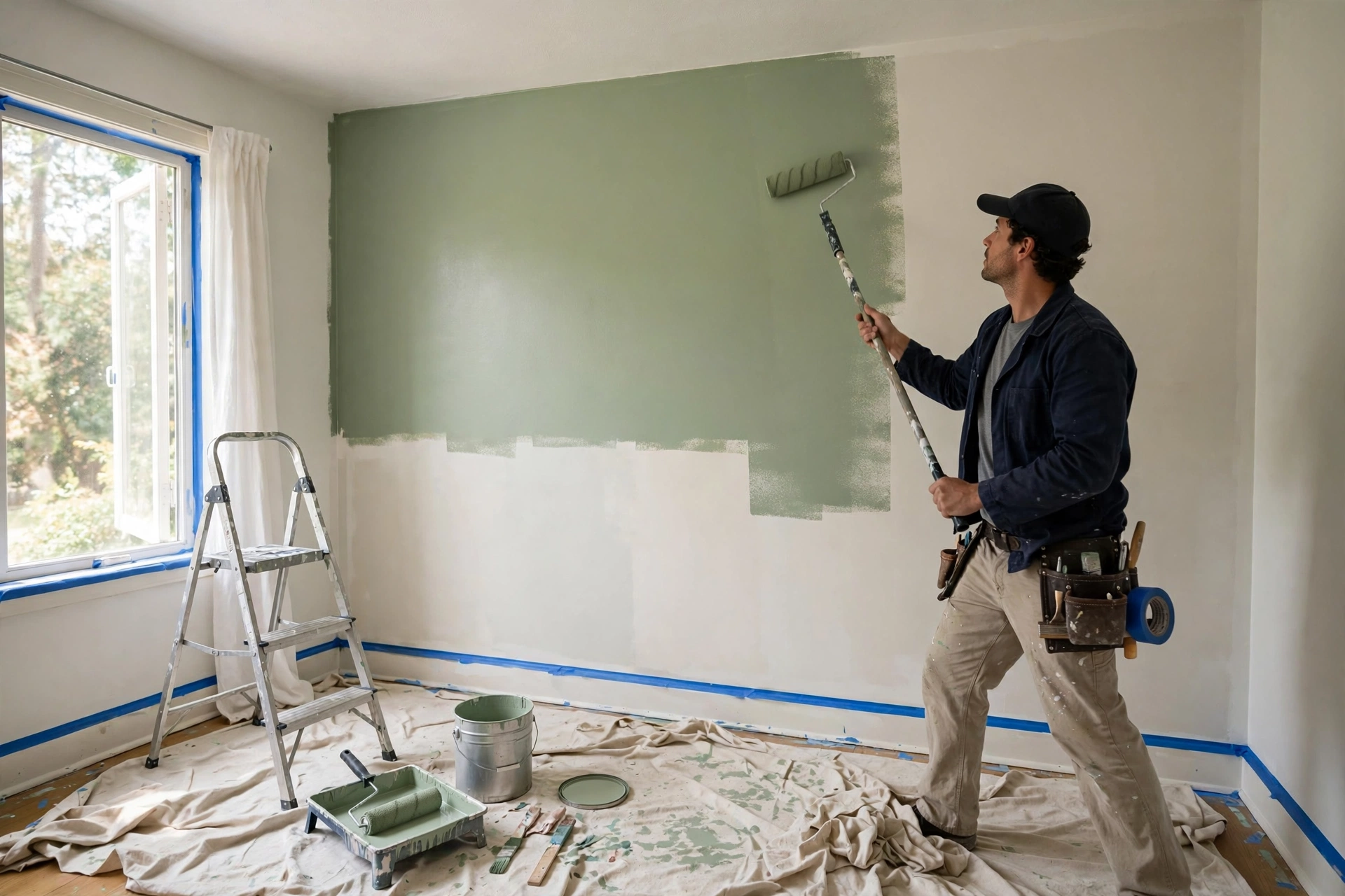 Professional cost to paint a room breakdown shown by painter rolling paint on a bedroom wall