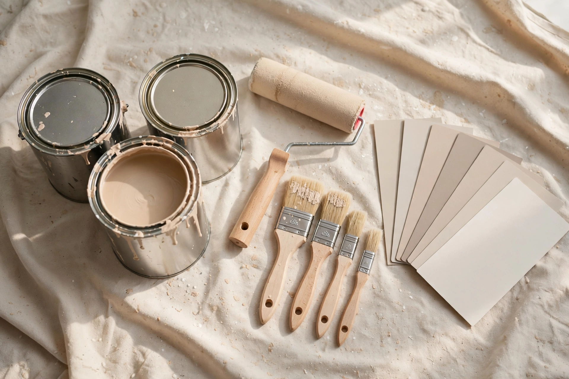 Paint cans, roller and brushes used in a cost to paint a room project