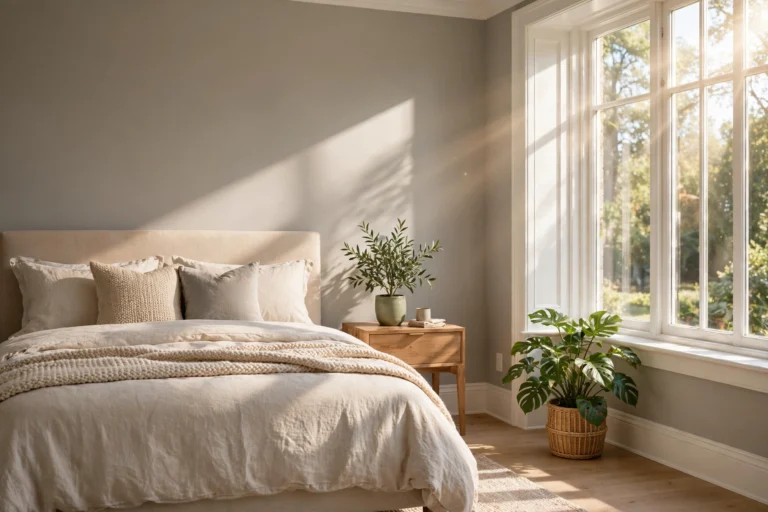 Cost to paint a room shown in a freshly painted bedroom with warm gray walls