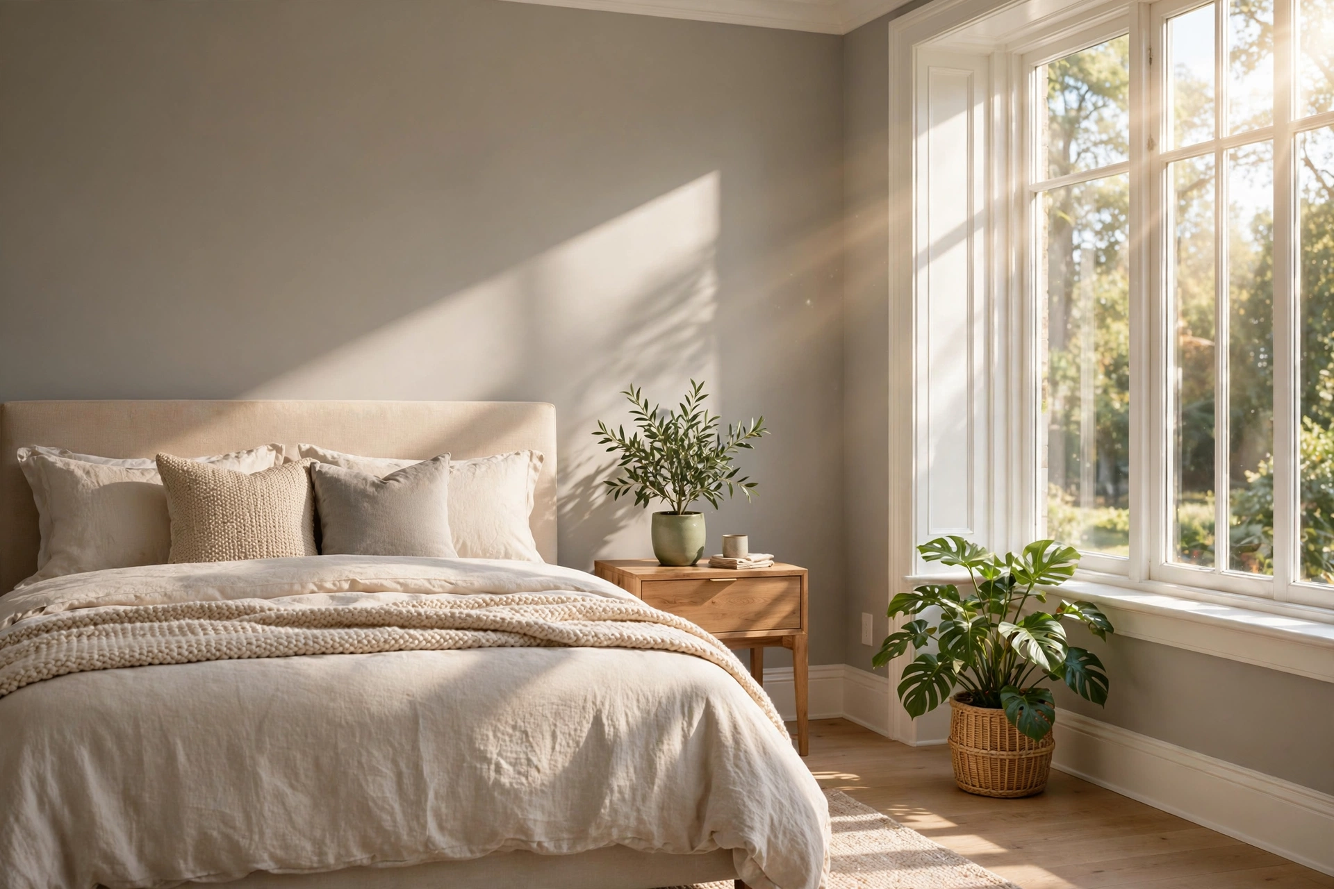 Cost to paint a room shown in a freshly painted bedroom with warm gray walls