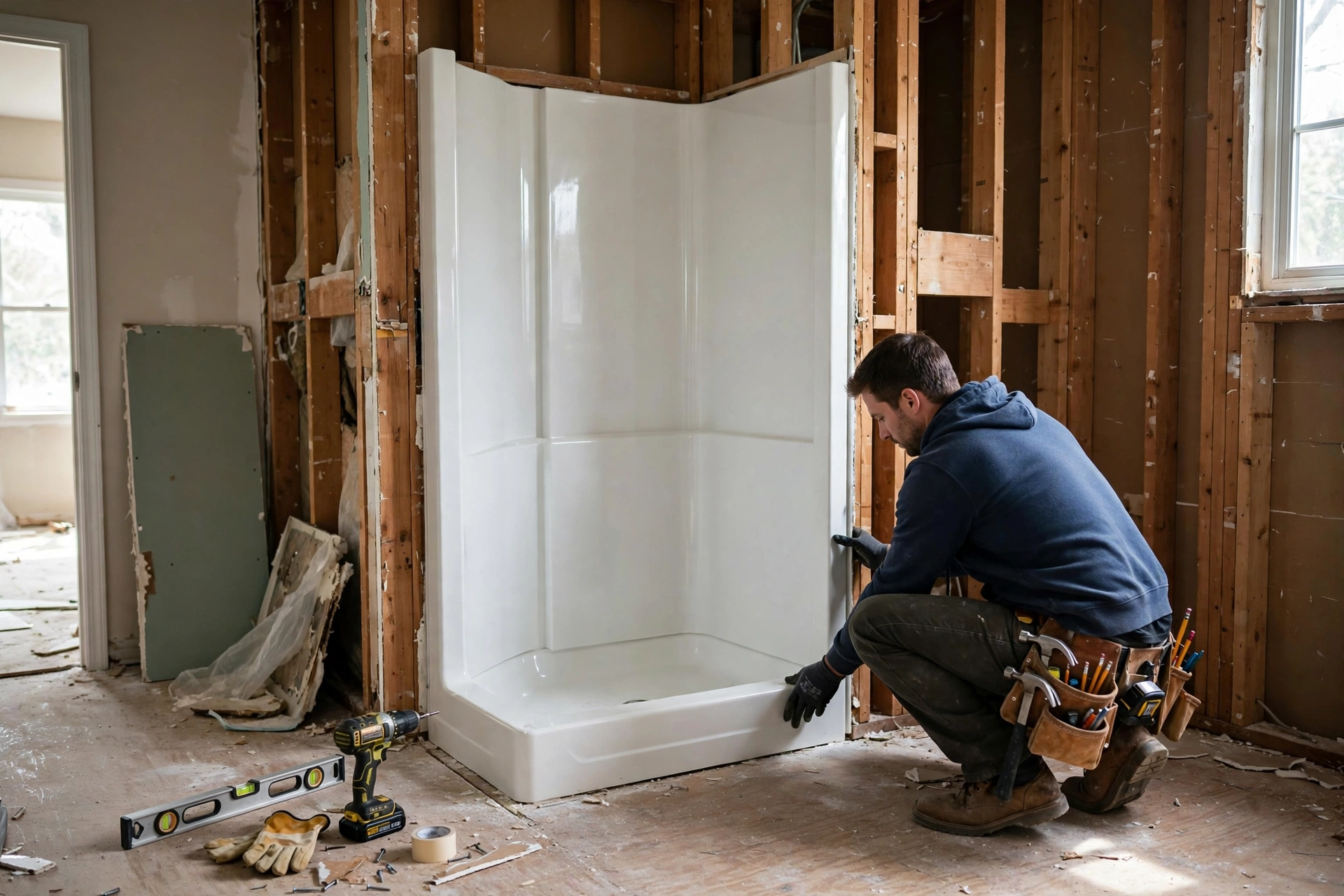 Worker installing a fiberglass unit within an average shower replacement cost project