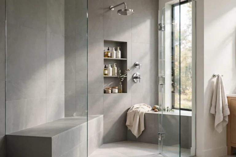 Shower replacement cost shown in a newly replaced tile shower with glass door