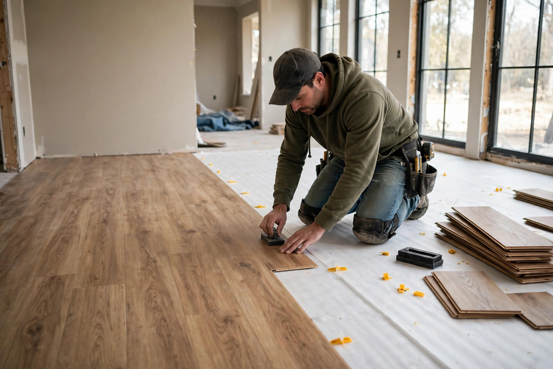 Installer clicking together planks while explaining the vinyl plank flooring cost per square foot