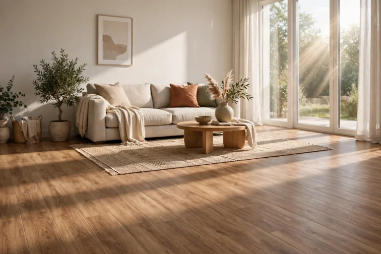 Vinyl plank flooring cost shown in a living room with oak look luxury vinyl plank