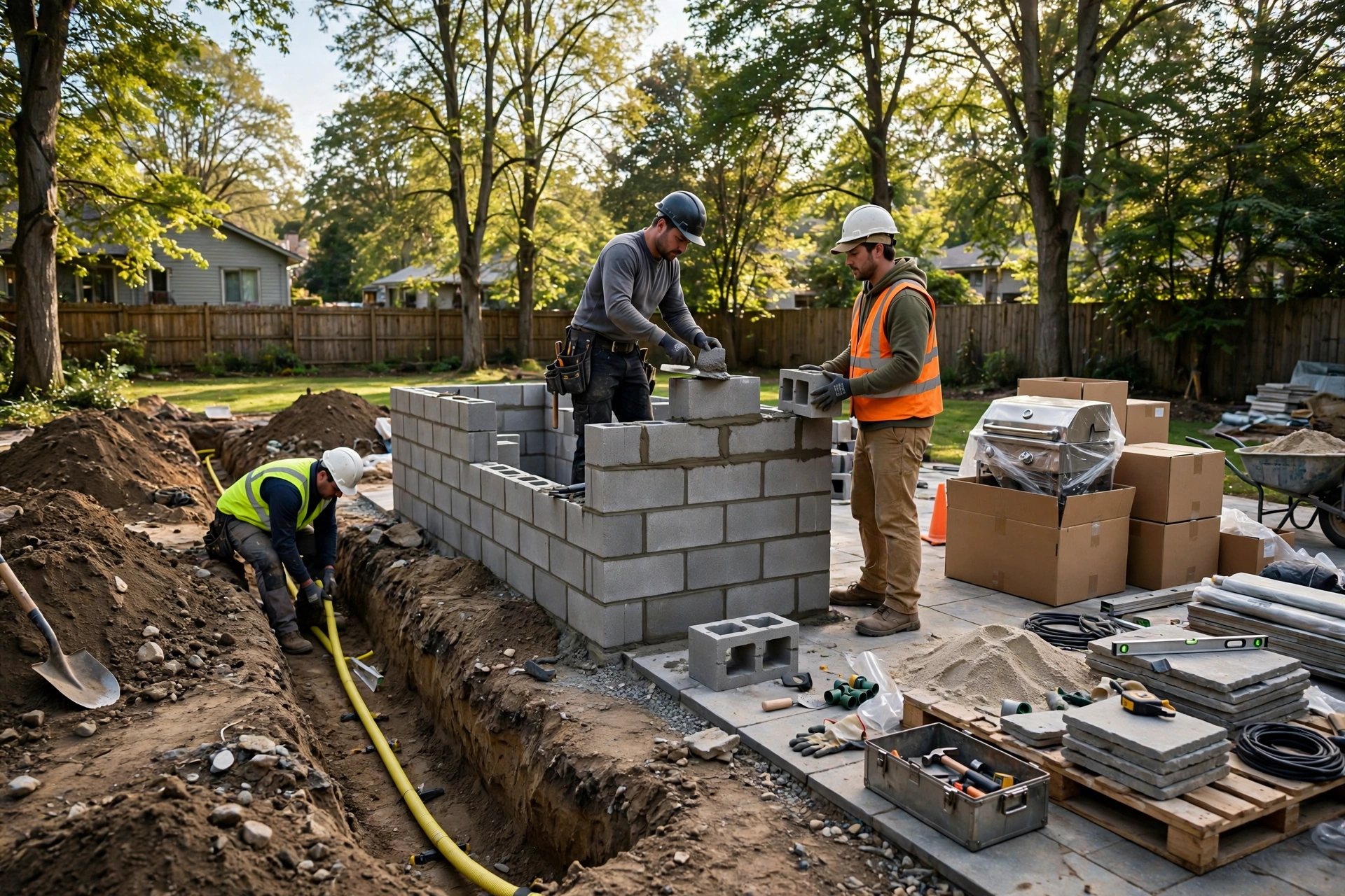 Workers building an island frame within a typical outdoor kitchen cost project