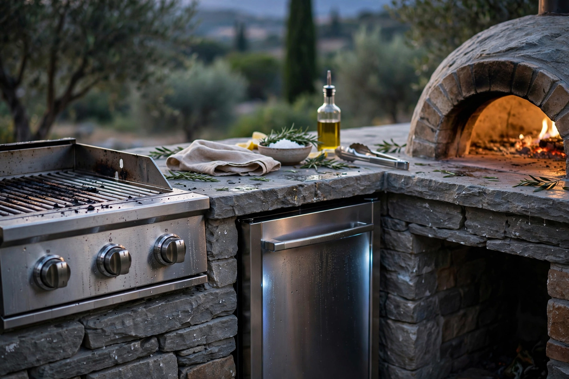 Built-in grill and pizza oven details inside an outdoor kitchen cost breakdown