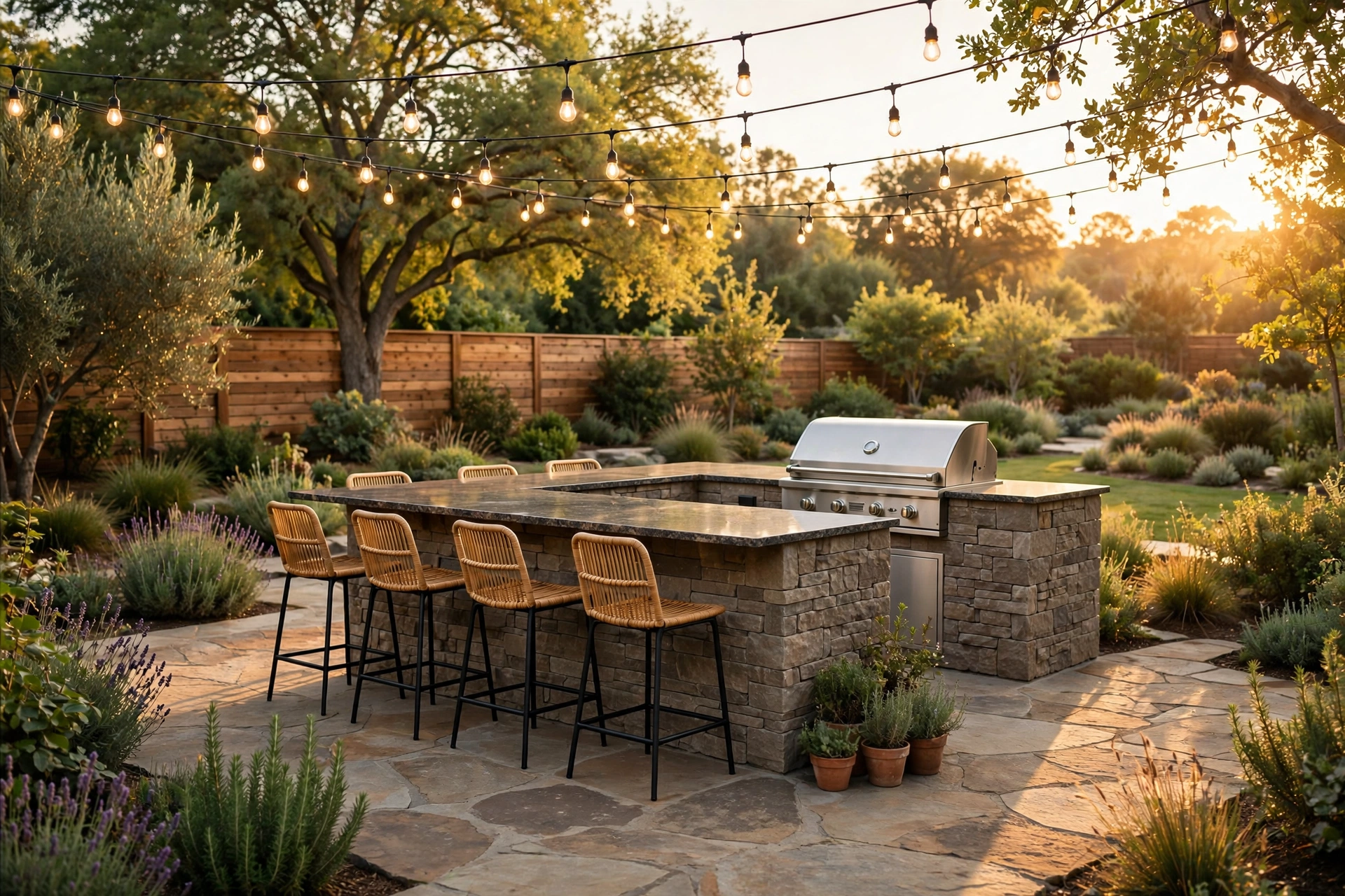 Outdoor kitchen cost shown in a stone patio kitchen with built-in grill at golden hour