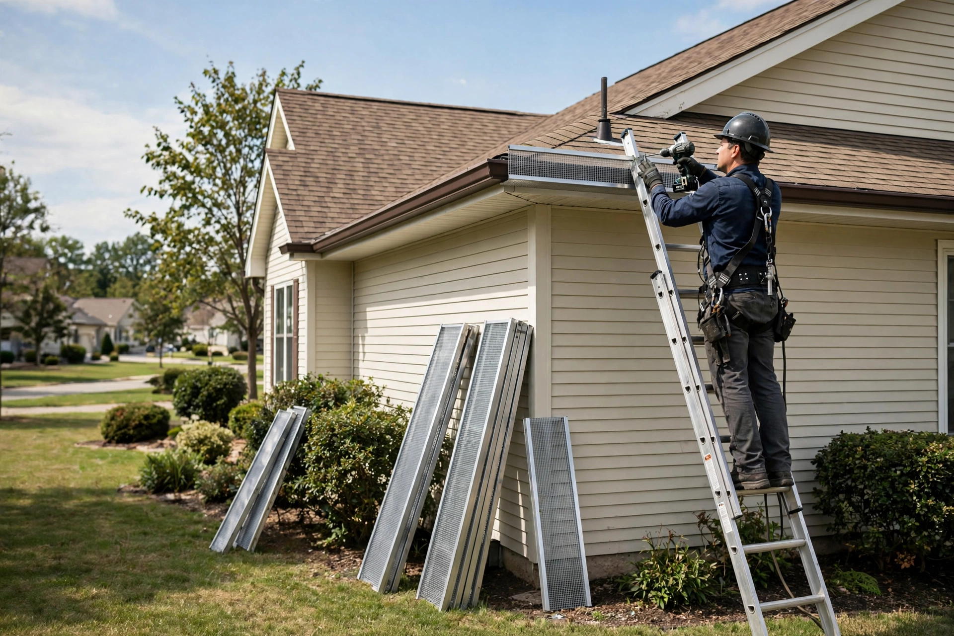 Installer on a ladder setting the gutter guard installation cost work at the roof edge