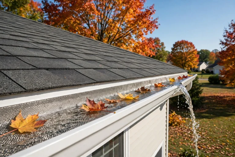 Gutter guard installation cost shown in white gutters with stainless micro-mesh guards