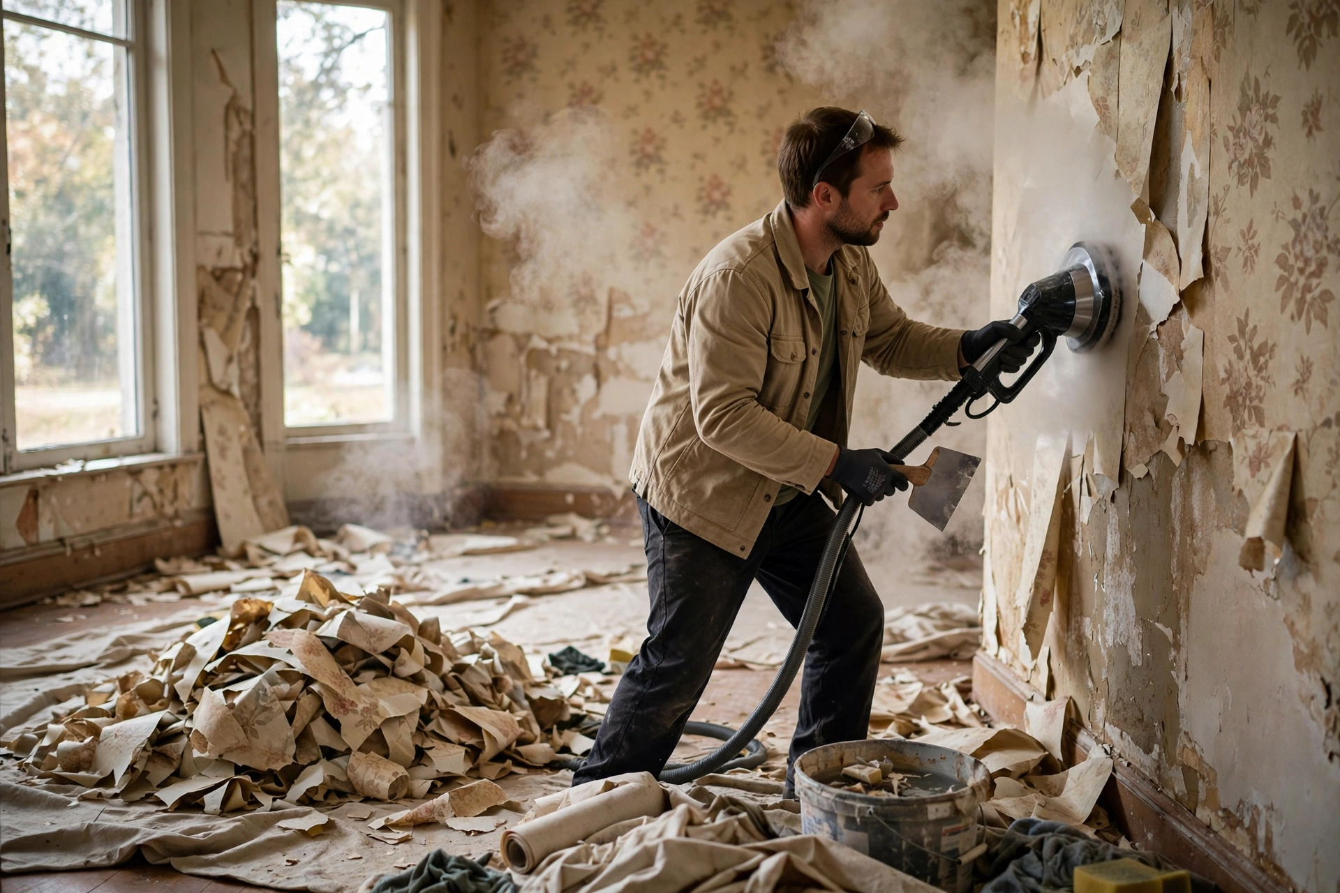 Worker steaming wallpaper off a wall during a typical wallpaper removal cost project