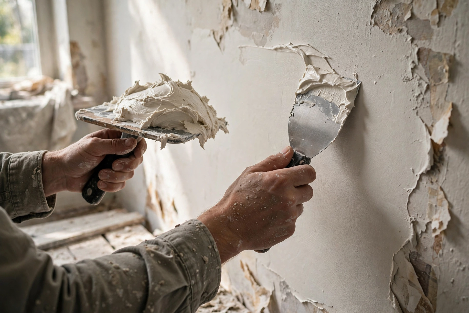 Worker skim coating a wall smooth after wallpaper stripping