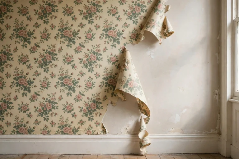 Bedroom with floral wallpaper half removed and clean wall showing