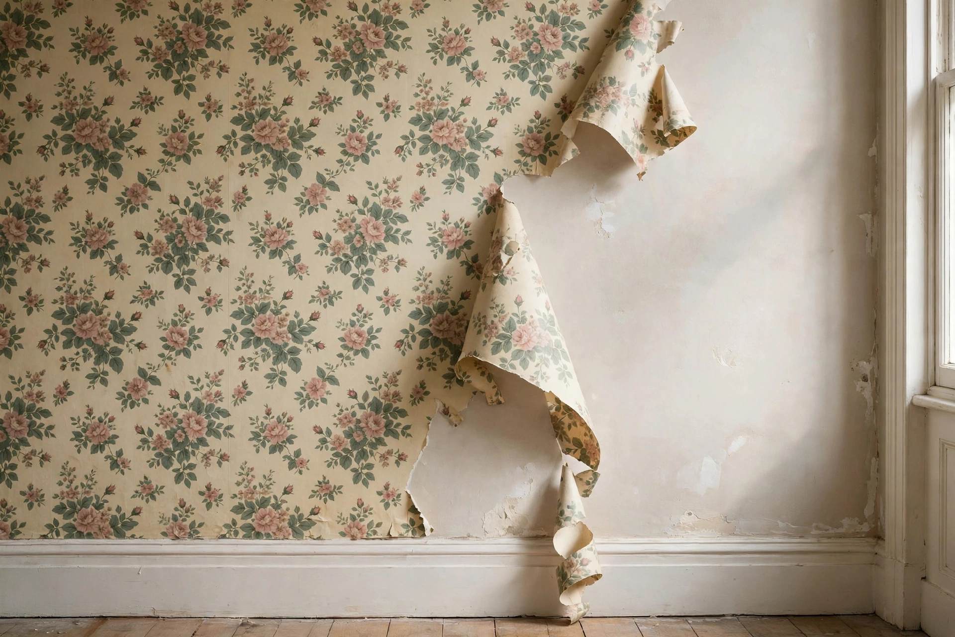 Bedroom with floral wallpaper half removed and clean wall showing