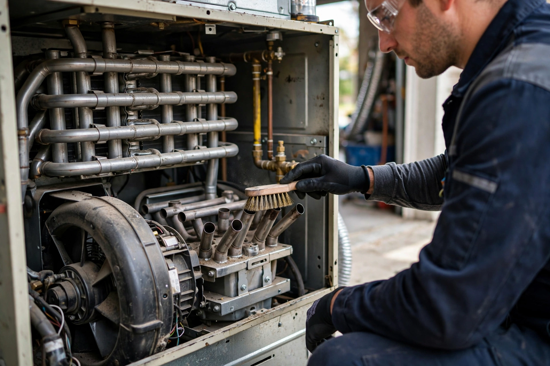 Technician cleaning the burner assembly during a furnace tune-up cost visit