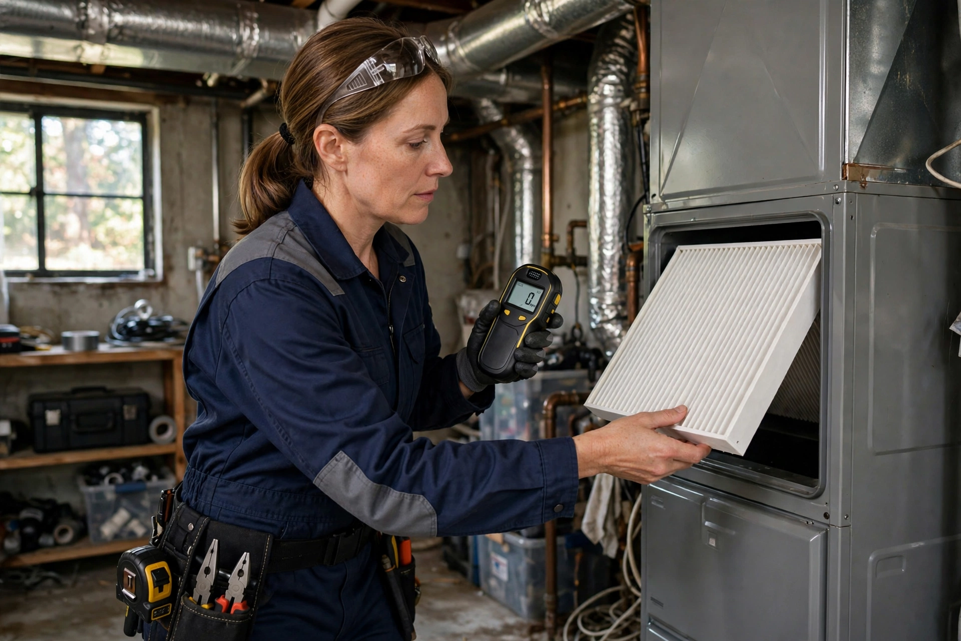 Technician replacing a furnace filter and holding a carbon monoxide meter